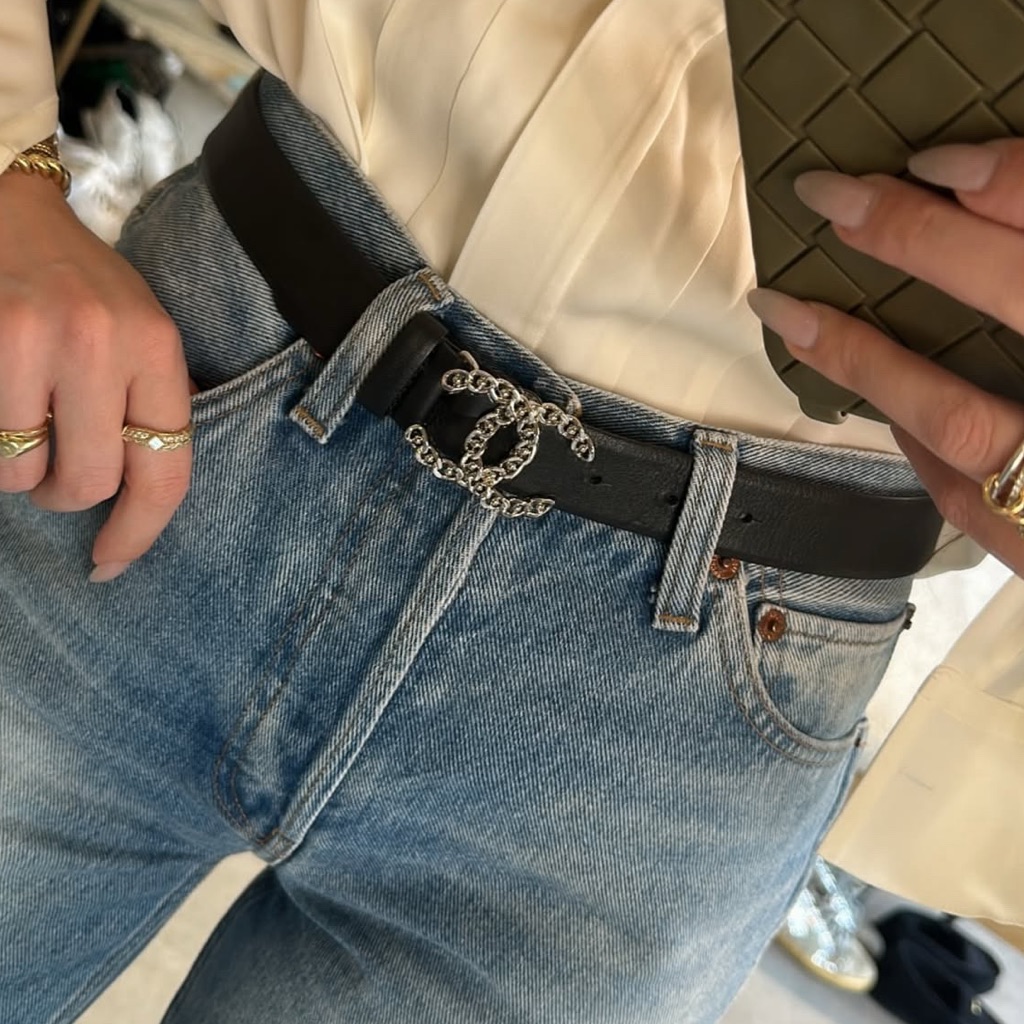 Chanel Black Belt With Silver Logo Buckle